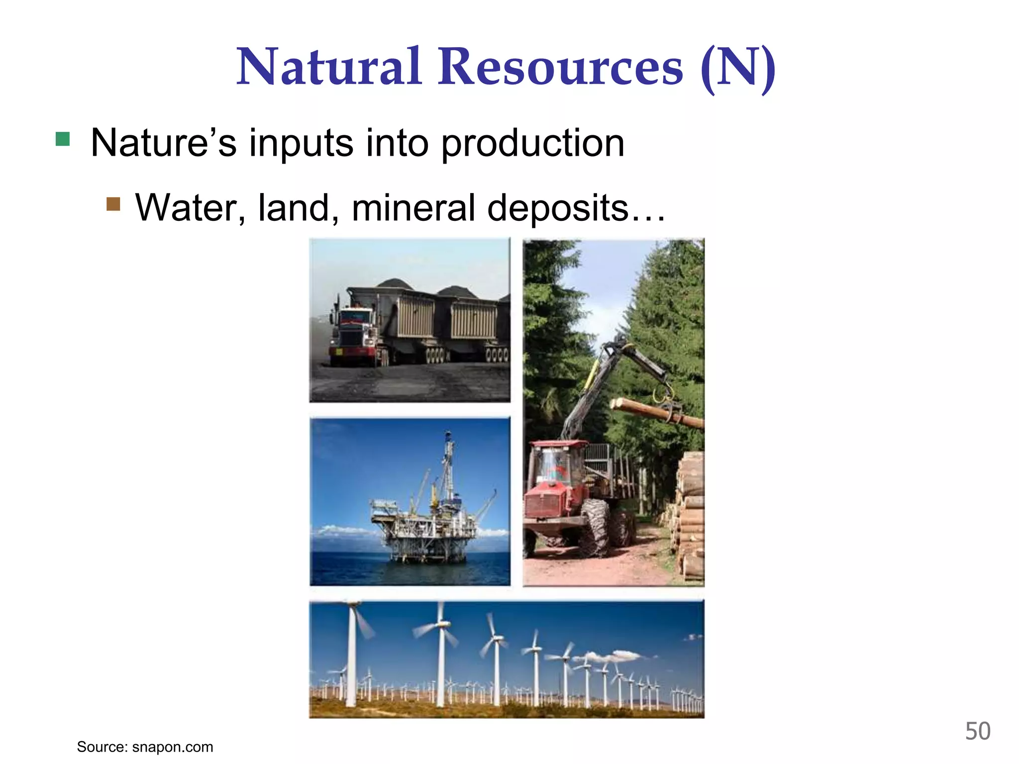 Natural Resources (N)
 Nature’s inputs into production
 Water, land, mineral deposits…
50
Source: snapon.com
 