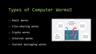 Types of Computer Worms🤔
o Email Worms
o File-sharing worms
o Crypto worms
o Internet worms
o Instant messaging worms
 