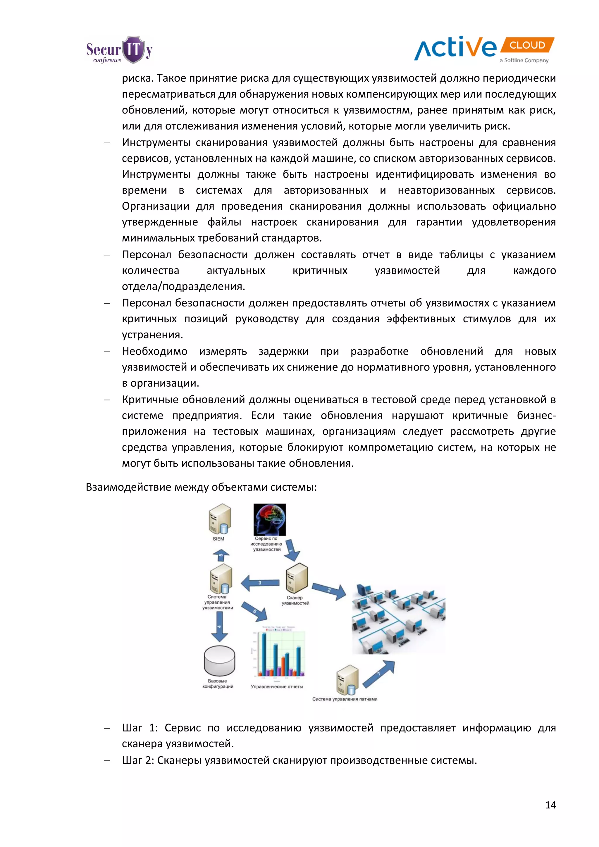 14
риска. Такое принятие риска для существующих уязвимостей должно периодически
пересматриваться для обнаружения новых компенсирующих мер или последующих
обновлений, которые могут относиться к уязвимостям, ранее принятым как риск,
или для отслеживания изменения условий, которые могли увеличить риск.
 Инструменты сканирования уязвимостей должны быть настроены для сравнения
сервисов, установленных на каждой машине, со списком авторизованных сервисов.
Инструменты должны также быть настроены идентифицировать изменения во
времени в системах для авторизованных и неавторизованных сервисов.
Организации для проведения сканирования должны использовать официально
утвержденные файлы настроек сканирования для гарантии удовлетворения
минимальных требований стандартов.
 Персонал безопасности должен составлять отчет в виде таблицы с указанием
количества актуальных критичных уязвимостей для каждого
отдела/подразделения.
 Персонал безопасности должен предоставлять отчеты об уязвимостях с указанием
критичных позиций руководству для создания эффективных стимулов для их
устранения.
 Необходимо измерять задержки при разработке обновлений для новых
уязвимостей и обеспечивать их снижение до нормативного уровня, установленного
в организации.
 Критичные обновлений должны оцениваться в тестовой среде перед установкой в
системе предприятия. Если такие обновления нарушают критичные бизнес-
приложения на тестовых машинах, организациям следует рассмотреть другие
средства управления, которые блокируют компрометацию систем, на которых не
могут быть использованы такие обновления.
Взаимодействие между объектами системы:
 Шаг 1: Сервис по исследованию уязвимостей предоставляет информацию для
сканера уязвимостей.
 Шаг 2: Сканеры уязвимостей сканируют производственные системы.
 