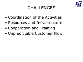 CHALLENGES Coordination of the Activities Resources and Infrastructure Cooperation and Training  Unpredictable Customer Flow 