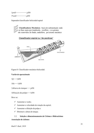 21
Raúl F. Raúl, 2019
↑𝜌𝑠ó𝑙−−−−−−−−−−↓𝑑50
↑%𝑠ó𝑙−−−−−−−−−↓𝑑50
Separador/classificador helicoidal/espiral
Figura 8: Classificador mecânico-helicoidal.
Variáveis operacionais
↑𝑄−−−↑𝑑50
↑𝑁𝑐−−−↑𝑑50
↑𝐴𝑙𝑡𝑢𝑟𝑎 𝑑𝑜 𝑡𝑎𝑛𝑞𝑢𝑒−−−↓𝑑50
↑𝐷𝑖𝑙𝑢𝑖çã𝑜 𝑑𝑎 𝑝𝑜𝑙𝑝𝑎−−−↑𝑑50
Deve se:
 Aumentar a vazão;
 Aumentar a velocidade de rotação da espiral;
 Aumentar a diluição da polpa e
 Diminuir a altura do tanque.
3.2. Seleção e dimensionamento de Ciclone e Hidrociclone
Associação de ciclones
 
