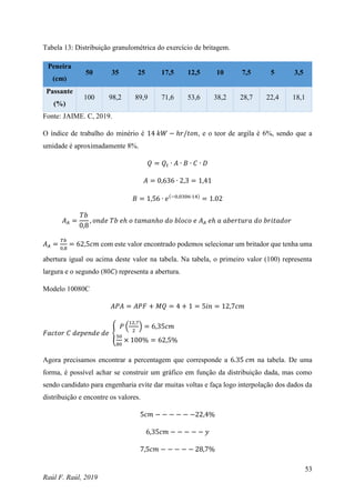 53
Raúl F. Raúl, 2019
Tabela 13: Distribuição granulométrica do exercício de britagem.
Peneira
(cm)
50 35 25 17,5 12,5 10 7,5 5 3,5
Passante
(%)
100 98,2 89,9 71,6 53,6 38,2 28,7 22,4 18,1
Fonte: JAIME. C, 2019.
O índice de trabalho do minério é 14 𝑘𝑊 − ℎ𝑟/𝑡𝑜𝑛, e o teor de argila é 6%, sendo que a
umidade é aproximadamente 8%.
𝑄 = 𝑄𝑡 ∙ 𝐴 ∙ 𝐵 ∙ 𝐶 ∙ 𝐷
𝐴 = 0,636 ∙ 2,3 = 1,41
𝐵 = 1,56 ∙ 𝑒(−0,0306∙14)
= 1.02
𝐴𝐴 =
𝑇𝑏
0,8
, 𝑜𝑛𝑑𝑒 𝑇𝑏 𝑒ℎ 𝑜 𝑡𝑎𝑚𝑎𝑛ℎ𝑜 𝑑𝑜 𝑏𝑙𝑜𝑐𝑜 𝑒 𝐴𝐴 𝑒ℎ 𝑎 𝑎𝑏𝑒𝑟𝑡𝑢𝑟𝑎 𝑑𝑜 𝑏𝑟𝑖𝑡𝑎𝑑𝑜𝑟
𝐴𝐴 =
𝑇𝑏
0,8
= 62,5𝑐𝑚 com este valor encontrado podemos selecionar um britador que tenha uma
abertura igual ou acima deste valor na tabela. Na tabela, o primeiro valor (100) representa
largura e o segundo (80𝐶) representa a abertura.
Modelo 10080C
𝐴𝑃𝐴 = 𝐴𝑃𝐹 + 𝑀𝑄 = 4 + 1 = 5𝑖𝑛 = 12,7𝑐𝑚
𝐹𝑎𝑐𝑡𝑜𝑟 𝐶 𝑑𝑒𝑝𝑒𝑛𝑑𝑒 𝑑𝑒 {
𝑃 (
12,7
2
) = 6,35𝑐𝑚
50
80
× 100% = 62,5%
Agora precisamos encontrar a percentagem que corresponde a 6.35 𝑐𝑚 na tabela. De uma
forma, é possível achar se construir um gráfico em função da distribuição dada, mas como
sendo candidato para engenharia evite dar muitas voltas e faça logo interpolação dos dados da
distribuição e encontre os valores.
5𝑐𝑚 − − − − − −22,4%
6,35𝑐𝑚 − − − − − 𝑦
7,5𝑐𝑚 − − − − − 28,7%
 