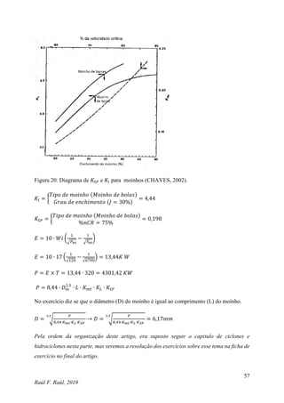57
Raúl F. Raúl, 2019
Figura 20: Diagrama de 𝐾𝑆𝑃 e 𝐾𝑙 para moinhos (CHAVES, 2002).
𝐾𝑙 = {
𝑇𝑖𝑝𝑜 𝑑𝑒 𝑚𝑜𝑖𝑛ℎ𝑜 (𝑀𝑜𝑖𝑛ℎ𝑜 𝑑𝑒 𝑏𝑜𝑙𝑎𝑠)
𝐺𝑟𝑎𝑢 𝑑𝑒 𝑒𝑛𝑐ℎ𝑖𝑚𝑒𝑛𝑡𝑜 (𝐽 = 30%)
= 4,44
𝐾𝑆𝑃 = {
𝑇𝑖𝑝𝑜 𝑑𝑒 𝑚𝑜𝑖𝑛ℎ𝑜 (𝑀𝑜𝑖𝑛ℎ𝑜 𝑑𝑒 𝑏𝑜𝑙𝑎𝑠)
%𝑛𝐶𝑅 = 75%
= 0,198
𝐸 = 10 ∙ 𝑊𝑖 (
1
√𝑃80
−
1
√𝐹80
)
𝐸 = 10 ∙ 17 (
1
√120
−
1
√6700
) = 13,44𝐾 𝑊
𝑃 = 𝐸 × 𝑇 = 13,44 ∙ 320 = 4301,42 𝐾𝑊
𝑃 = 8,44 ∙ 𝐷𝑚
2,5
∙ 𝐿 ∙ 𝐾𝑚𝑡 ∙ 𝐾𝐿 ∙ 𝐾𝑆𝑃
No exercício diz se que o diâmetro (D) do moinho é igual ao comprimento (L) do moinho.
𝐷 = √
𝑃
8,44∙𝐾𝑚𝑡∙𝐾𝐿∙𝐾𝑆𝑃
3,5
→ 𝐷 = √
𝑃
8,44∙𝐾𝑚𝑡∙𝐾𝐿∙𝐾𝑆𝑃
3,5
= 6,17𝑚𝑚
Pela ordem da organização deste artigo, era suposto seguir o capitulo de ciclones e
hidrociclones nesta parte, mas veremos a resolução dos exercícios sobre esse tema na ficha de
exercício no final do artigo.
 
