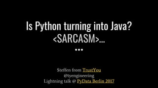 Is Python turning into Java?
<SARCASM>…
Steffen from TrustYou
@tyengineering
Lightning talk @ PyData Berlin 2017
 