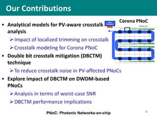 Our Contributions
10
• Analytical models for PV-aware crosstalk
analysis
Impact of localized trimming on crosstalk
Crosstalk modeling for Corona PNoC
• Double bit crosstalk mitigation (DBCTM)
technique
To reduce crosstalk noise in PV-affected PNoCs
• Explore impact of DBCTM on DWDM-based
PNoCs
Analysis in terms of worst-case SNR
DBCTM performance implications
PNoC: Photonic Networks-on-chip
Corona PNoC
 