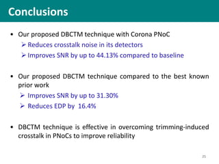 • Our proposed DBCTM technique with Corona PNoC
Reduces crosstalk noise in its detectors
Improves SNR by up to 44.13% compared to baseline
• Our proposed DBCTM technique compared to the best known
prior work
 Improves SNR by up to 31.30%
 Reduces EDP by 16.4%
• DBCTM technique is effective in overcoming trimming-induced
crosstalk in PNoCs to improve reliability
25
Conclusions
 