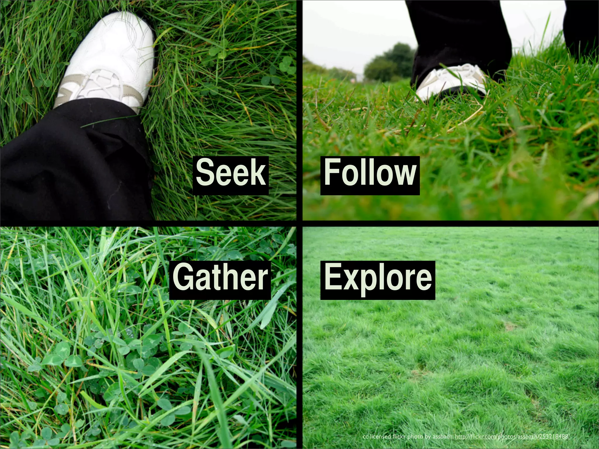 Seek    Follow

Gather   Explore



           cc licensed ﬂickr photo by assbach: http://ﬂickr.com/photos/assbach/253218488/
 