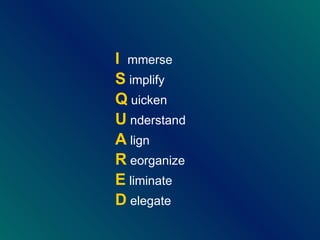 I  mmerse S  implify Q  uicken U  nderstand A  lign R  eorganize E  liminate D  elegate 