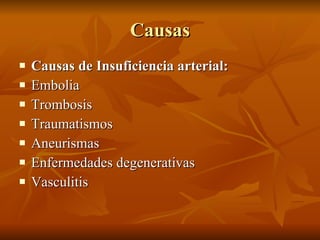 Causas Causas de Insuficiencia arterial: Embolia  Trombosis  Traumatismos  Aneurismas  Enfermedades degenerativas  Vasculitis  