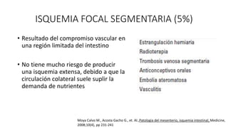 ISQUEMIA FOCAL SEGMENTARIA (5%)
• Resultado del compromiso vascular en
una región limitada del intestino
• No tiene mucho riesgo de producir
una isquemia extensa, debido a que la
circulación colateral suele suplir la
demanda de nutrientes

Moya Calvo M., Acosta Gacho G., et. Al.,Patologia del mesenterio, isquemia intestinal, Medicine,
2008;10(4), pp 231-241

 