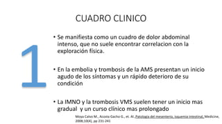 CUADRO CLINICO
• Se manifiesta como un cuadro de dolor abdominal
intenso, que no suele encontrar correlacion con la
exploración física.
• En la embolia y trombosis de la AMS presentan un inicio
agudo de los síntomas y un rápido deterioro de su
condición
• La IMNO y la trombosis VMS suelen tener un inicio mas
gradual y un curso clínico mas prolongado
Moya Calvo M., Acosta Gacho G., et. Al.,Patologia del mesenterio, isquemia intestinal, Medicine,
2008;10(4), pp 231-241

 