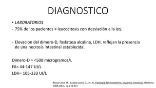 DIAGNOSTICO
• LABORATORIOS
- 75% de los pacientes = leucocitosis con desviación a la izq.
- Elevacion del dimero-D, fosfatasa alcalina, LDH, reflejan la presencia
de una necrosis intestinal establecida.
Dimero-D = <500 microgramos/L
FA= 44-147 UI/L
LDH= 105-333 UI/L
Moya Calvo M., Acosta Gacho G., et. Al.,Patologia del mesenterio, isquemia intestinal, Medicine,
2008;10(4), pp 231-241

 