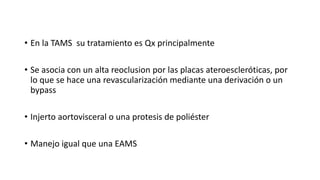 • En la TAMS su tratamiento es Qx principalmente
• Se asocia con un alta reoclusion por las placas ateroescleróticas, por
lo que se hace una revascularización mediante una derivación o un
bypass

• Injerto aortovisceral o una protesis de poliéster
• Manejo igual que una EAMS

 