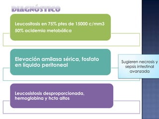 Leucositosis en 75% ptes de 15000 c/mm3

50% acidemia metabólica

Elevación amilasa sérica, fosfato
en líquido peritoneal

Leucosistosis desproporcionada,
hemoglobina y hcto altos

Sugieren necrosis y
sepsis intestinal
avanzada

 