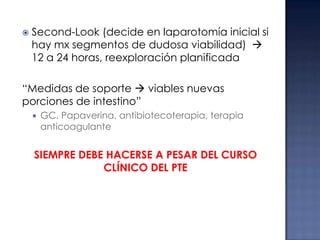 

Second-Look (decide en laparotomía inicial si
hay mx segmentos de dudosa viabilidad) 
12 a 24 horas, reexploración planificada

“Medidas de soporte  viables nuevas
porciones de intestino”


GC. Papaverina, antibiotecoterapia, terapia
anticoagulante

SIEMPRE DEBE HACERSE A PESAR DEL CURSO
CLÍNICO DEL PTE

 