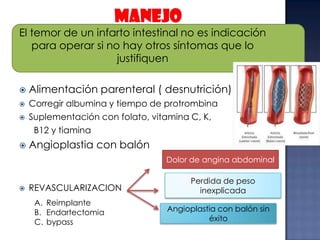 El temor de un infarto intestinal no es indicación
para operar si no hay otros síntomas que lo
justifiquen


Alimentación parenteral ( desnutrición)



Corregir albumina y tiempo de protrombina
Suplementación con folato, vitamina C, K,
B12 y tiamina



Angioplastia con balón



Dolor de angina abdominal



REVASCULARIZACION
A. Reimplante
B. Endartectomia
C. bypass

Perdida de peso
inexplicada
Angioplastia con balón sin
éxito

 
