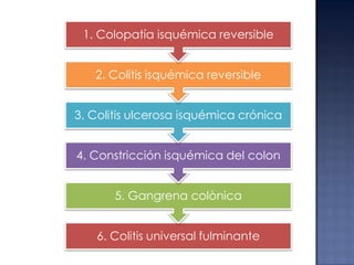 1. Colopatía isquémica reversible
2. Colitis isquémica reversible
3. Colitis ulcerosa isquémica crónica
4. Constricción isquémica del colon
5. Gangrena colònica
6. Colitis universal fulminante

 