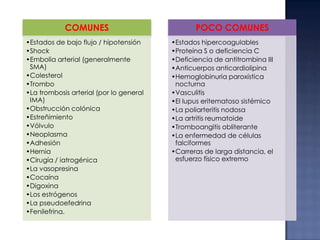 COMUNES
•Estados de bajo flujo / hipotensión
•Shock
•Embolia arterial (generalmente
SMA)
•Colesterol
•Trombo
•La trombosis arterial (por lo general
IMA)
•Obstrucción colónica
•Estreñimiento
•Vólvulo
•Neoplasma
•Adhesión
•Hernia
•Cirugía / iatrogénica
•La vasopresina
•Cocaína
•Digoxina
•Los estrógenos
•La pseudoefedrina
•Fenilefrina.

POCO COMUNES
•Estados hipercoagulables
•Proteína S o deficiencia C
•Deficiencia de antitrombina III
•Anticuerpos anticardiolipina
•Hemoglobinuria paroxística
nocturna
•Vasculitis
•El lupus eritematoso sistémico
•La poliarteritis nodosa
•La artritis reumatoide
•Tromboangitis obliterante
•La enfermedad de células
falciformes
•Carreras de larga distancia, el
esfuerzo físico extremo

 