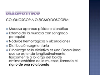 COLONOSCOPIA O SIGMOIDOSCOPIA:
Mucosa aparece pálida o cianótica
 Edema de la mucosa con sangrado
petequial
 Nódulos hemorrágicos y ulceraciones
 Distribución segmentaria
 El hallazgo sello distintivo es una úlcera lineal
que se extiende longitudinalmente,
típicamente a lo largo del borde
antimesentérico de la mucosa, llamado el
signo de una sola banda


 
