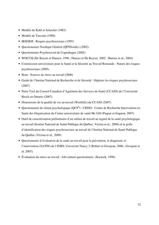• Modèle de Kohl et Schooler (1982)
• Modèle de Turcotte (1988)
• IRSERM : Risques psychosociaux (1995)
• Questionnaire Nordique Général (QPSNordic) (2002)
• Questionnaire Psychosocial de Copenhague (2002)
• WOCCQ (De Keyser et Hansez, 1996 ; Hansez et De Keyser, 2002 : Hansez et al., 2004)
• Commission universitaire pour la Santé et la Sécurité au Travail Romande : Nature des risques
  psychosociaux (2005)
• Brun : Sources de stress au travail (2006)
• Guide de l’Institut National de Recherche et de Sécurité : Dépister les risques psychosociaux
  (2007)
• Pulse Tool du Conseil Canadien d’Agrément des Services de Santé (CCASS) de l’Université
  Brock en Ontario (2007)
• Dimensions de la qualité de vie au travail (Worklife) du CCASS (2007)
• Questionnaire de climat psychologique (QCP4) : CRISO : Centre de Recherche Intervention en
  Santé des Organisation du Centre universitaire de santé Mc Gill (Paquet et Gagnon, 2007)
• Outil de caractérisation préliminaire d’un milieu de travail au regard de la santé psychologique
  au travail (Institut National de Santé Publique du Québec, Vézina et al., 2008) et la grille
  d’identification des risques psychosociaux au travail de l’Institut National de Santé Publique
  du Québec (Vézina et al., 2009)
• Questionnaire d’évaluation de la santé au travail pour la prévention, le diagnostic et
  l’intervention (SATIN) de l’INRS, Université Nancy 2 (Robert et Grosjean, 2006 ; Grosjean et
  al. 2007).
• Évaluation du stress au travail : Job content questionnaire. (Karasek, 1998)




                                                                                                   32
 