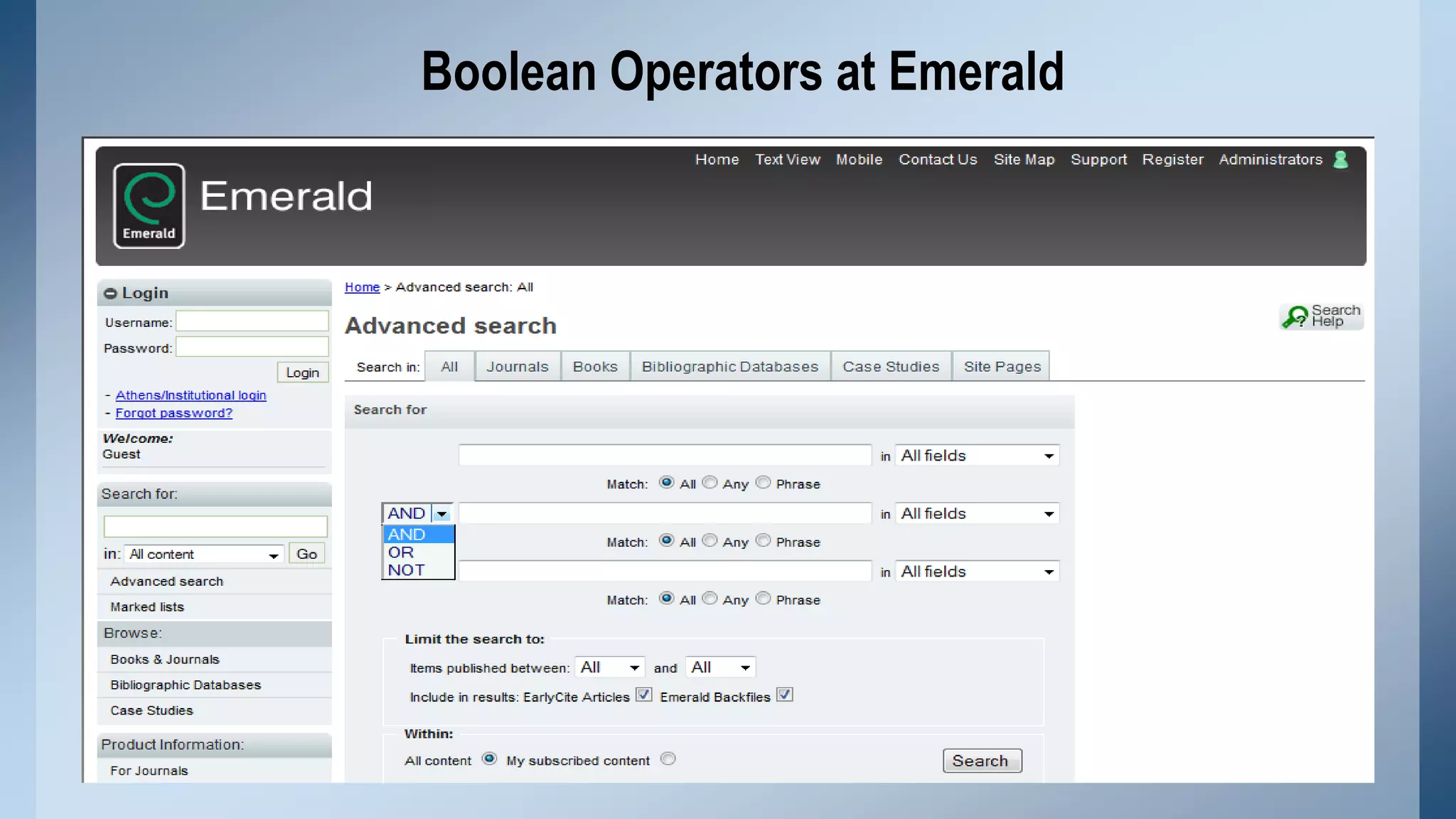 Boolean Operators at Emerald

 
