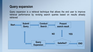 Query expansion
Query expansion is a retrieval technique that allows the end user to improve
retrieval performance by revi...