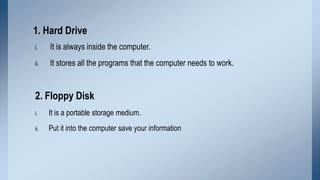 1. Hard Drive
i.

It is always inside the computer.

ii.

It stores all the programs that the computer needs to work.

2. ...