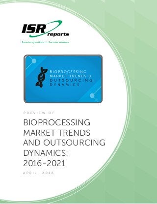 BIOPROCESSING
MARKET TRENDS
AND OUTSOURCING
DYNAMICS:
2016-2021
A P R I L , 2 0 1 6
P R E V I E W O F
 