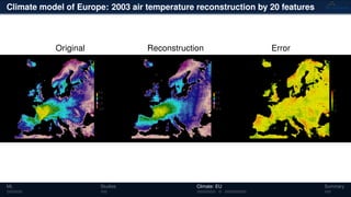 Climate model of Europe: 2003 air temperature reconstruction by 20 features
Original Reconstruction Error
ML Studies Climate: EU Summary
 