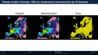 Climate model of Europe: 2003 air temperature reconstruction by 35 features
Original Reconstruction Error
ML Studies Climate: EU Summary
 