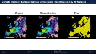 Climate model of Europe: 2003 air temperature reconstruction by 40 features
Original Reconstruction Error
ML Studies Climate: EU Summary
 