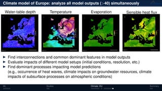 Climate model of Europe: analyze all model outputs (>40) simultaneously
Water-table depth Temperature Evaporation Sensible heat ﬂux
Find interconnections and common dominant features in model outputs
Evaluate impacts of different model setups (initial conditions, resolution, etc.)
Find dominant processes impacting model predictions
(e.g., occurrence of heat waves, climate impacts on groundwater resources, climate
impacts of subsurface processes on atmospheric conditions)
ML Studies Climate: EU Summary
 