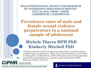 XXth INTERNATIONAL SOCIETY FOR RESEARCH
ON AGGRESSION (ISRA) WORLD MEETING
JULY 20, 2012, 4:00PM - 6:00PM
LUXEMBOURG, LUXEMBOURG

Prevalence rates of male and
female sexual violence
perpetrators in a national
sample of adolescent
Michele Ybarra MPH PhD
Kimberly Mitchell PhD
* Thank you for your interest in this presentation. Please note that analyses
included herein are preliminary.  More recent, finalized analyses can be found
in: Ybarra, M. L., & Mitchell, K. J. (2013). Prevalence rates of male and female
sexual violence perpetrators in a national sample of adolescent. JAMA
Pediatrics, 167(12), 1125-1134.

 