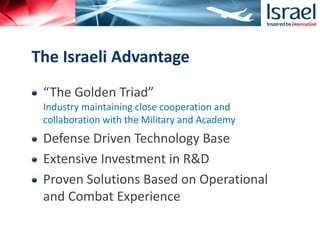 “The Golden Triad”
Industry maintaining close cooperation and
collaboration with the Military and Academy
Defense Driven Technology Base
Extensive Investment in R&D
Proven Solutions Based on Operational
and Combat Experience
The Israeli Advantage
 