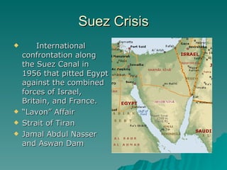Suez Crisis International confrontation along the Suez Canal in 1956 that pitted Egypt against the combined forces of Israel, Britain, and France. “ Lavon” Affair Strait of Tiran Jamal Abdul Nasser and Aswan Dam 