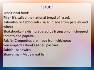 Israel
Traditional food:
Pita - It's called the national bread of Israel.
Tabouleh or tabbouleh - salad made from parsley and
​
wheat
Shakshouka - a dish prepared by frying onion, chopped
tomato and paprika.
Falafel-Croquettes are made from chickpeas
​
Son empadas Burekas-fried pastries.
Sabich - sandwich
Shawarma - Made meat fish

 