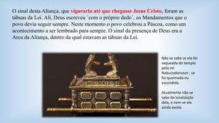 O sinal desta Aliança, que vigoraria até que chegasse Jesus Cristo, foram as 
tábuas da Lei. Alí, Deus escreveu ´com o próprio dedo´, os Mandamentos que o 
povo devia seguir sempre. Neste momento o povo celebrou a Páscoa, como um 
acontecimento a ser lembrado para sempre. O sinal da presença de Deus era a 
Arca da Aliança, dentro da qual estavam as tábuas da Lei. 
Não se sabe se ela foi 
saqueada do templo 
pelo rei 
Nabucodonosor , se 
foi queimada ou 
escondida. 
Atualmente não se 
sabe da localização 
dela, e nem se ela 
ainda existe. 
 