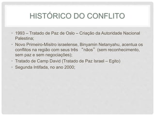 HISTÓRICO DO CONFLITO 
• 1993 – Tratado de Paz de Oslo – Criação da Autoridade Nacional 
Palestina; 
• Novo Primeiro-Misitro israelense, Binyamin Netanyahu, acentua os 
conflitos na região com seus três “nãos”(sem reconhecimento, 
sem paz e sem negociações); 
• Tratado de Camp David (Tratado de Paz Israel – Egito) 
• Segunda Intifada, no ano 2000; 
 