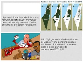 http://noticias.uol.com.br/internacio 
nal/ultimas-noticias/2014/07/31/80- 
dos-mortos-em-gaza-sao-civis-diz-onu- 
200-mil-buscaram-refugio.htm 
http://g1.globo.com/videos/t/todos-os- 
videos/v/onu-condena-ataque-contra- 
escola-que-matou-dez-em-gaza- 
e-pede-punicao-de-responsaveis/ 
3539518/ 
