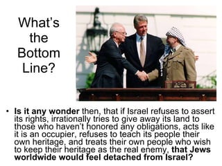 What’s the Bottom Line? Is it any wonder  then, that if Israel refuses to assert its rights, irrationally tries to give away its land to those who haven’t honored any obligations, acts like it is an occupier, refuses to teach its people their own heritage, and treats their own people who wish to keep their heritage as the real enemy,  that Jews worldwide would feel detached from Israel? 