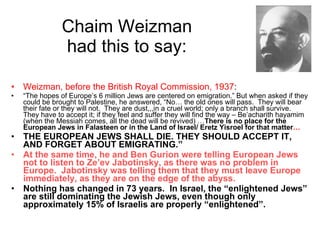 Chaim Weizman  had this to say:  Weizman, before the British Royal Commission, 1937 :  “ The hopes of Europe’s 6 million Jews are centered on emigration.” But when asked if they could be brought to Palestine, he answered, “No… the old ones will pass.  They will bear their fate or they will not.  They are dust,,,in a cruel world; only a branch shall survive.  They have to accept it; if they feel and suffer they will find the way – Be’acharith hayamim (when the Messiah comes, all the dead will be revived) … There is no place for the European Jews in Falasteen or in the Land of Israel/ Eretz Yisroel for that matter … THE EUROPEAN JEWS SHALL DIE. THEY SHOULD ACCEPT IT, AND FORGET ABOUT EMIGRATING.” At the same time, he and Ben Gurion were telling European Jews not to listen to Ze’ev Jabotinsky, as there was no problem in Europe.  Jabotinsky was telling them that they must leave Europe immediately, as they are on the edge of the abyss. Nothing has changed in 73 years.  In Israel, the “enlightened Jews” are still dominating the Jewish Jews, even though only approximately 15% of Israelis are properly “enlightened”. 