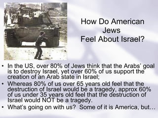 How Do American Jews  Feel About Israel? In the US, over 80% of Jews think that the Arabs’ goal is to destroy Israel, yet over 60% of us support the creation of an Arab state in Israel; Whereas 80% of us over 65 years old feel that the destruction of Israel would be a tragedy, approx 60% of us under 35 years old feel that the destruction of Israel would NOT be a tragedy. What’s going on with us?  Some of it is America, but… 
