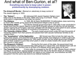 And what of Ben-Gurion, et al? Everything was done to keep Labor in power-  predominantly by downplaying Judaism. The “Saison”:  BG delivered 500 Jewish freedom fighters (and  killed one) to the British in the early 1940s who hung 12 of them. These  doomed souls were in organizations not under his control; The Altalena:     In 1948, BG & Rabin MURDERED 16 defenseless Jews swimming to shore after initially giving approval for Menachem Begin’s ship to arrive; The Kastner Affair:  The Moshe Sharett government fell in 1955 after it was concluded in Israeli court that the Jewish Agency (under BG & Sharett) refused to help the not yet doomed Jewish community of Hungary, and even colluded with the Nazis to some extent to save Jewish Agency officials at the expense of hundreds of thousands of  “regular Jews”; The Yemenite children Affair:  The early Israeli government under BG took thousands of Yemenite children from their parents and placed them with secular Ashkenazi families to de-Judaize them; The “Israelization” of the Sephardim:    BG forced new Olim to look the right way (by cutting their peyes), and send their kids to the right schools (non-religious) in order to get a job. These immigrants stayed religious for 1900 years of exile, but the Israeli government stripped them of their Judaism in just a few short years in order to create Israelis who would vote for Ben-Gurion’s Labor party; The Ringworm Children: During the first years of the state, the government took 100,000 children, told their parents they were going on a nature hike, and radiated them with 20 times the dose of a normal x-ray to rid them of a disease which goes away on its own; The Temple Mount:   2 hours after its conquest by the IDF in 1967, Moshe Dayan ordered our flag to be removed, and he handed control of the site to the Muslim Waqf. [In essence, this said to the world that we RENOUNCE our claims to our holiest site, and therefore we ARE occupiers!! And the same was done to our biblical heartland.]  The Arlozoroff Murder :  Blamed on Jabotinsky to keep control of  The Jewish Agency   in 1933; 