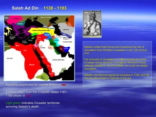 Salah Ad Din  1138 - 1193 Saladin united Arab forces and recaptured the city of Jerusalem from Christian Crusaders in the 12th century A.D.  His conquest of Jerusalem in 1188 prompted the Third Crusade, led by Richard I of England; Richard's forces defeated Saladin in several battles, but could not retake Jerusalem.  Saladin and Richard signed an armistice in 1192, and the two are often linked in histories of the era. . Saladin's empire and its vassals shown in  red ;  Territory taken from the Crusader states 1187-1189 shown in  pink .  Light green  indicates Crusader territories surviving Saladin's death. 