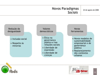 Novos Paradigmas  Sociais   Redução da desigualdade Valores democráticos Novas ferramentas Inclusão social Respeito às minorias Ética na governança pública e nas relações sociais Liberdade de expressão Liberdade de crenças Novos modelos de sustentabilidade empresarial e de governança pública Replanejamento dos contextos urbanos 