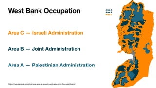 West Bank Occupation
Area C — Israeli Administration
Area B — Joint Administration
Area A — Palestinian Administration
100
https://www.anera.org/what-are-area-a-area-b-and-area-c-in-the-west-bank/
 