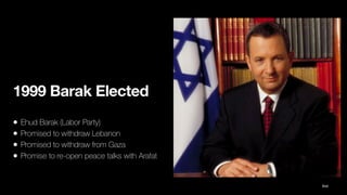 1999 Barak Elected
• Ehud Barak (Labor Party)
• Promised to withdraw Lebanon
• Promised to withdraw from Gaza
• Promise to re-open peace talks with Arafat
Ibid
 
