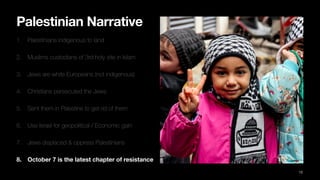 Palestinian Narrative
1. Palestinians indigenous to land
2. Muslims custodians of 3rd holy site in Islam
3. Jews are white Europeans (not indigenous)
4. Christians persecuted the Jews
5. Sent them in Palestine to get rid of them
6. Use Israel for geopolitical / Economic gain
7. Jews displaced & oppress Palestinians
8. October 7 is the latest chapter of resistance
12
 