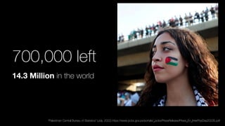 700,000 left
14.3 Million in the world
“Palestinian Central Bureau of Statistics” (July, 2022).https://www.pcbs.gov.ps/portals/_pcbs/PressRelease/Press_En_InterPopDay2022E.pdf
 