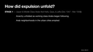 How did expulsion unfold?
STAGE 1 — Upper & Middle Class Arabs
fl
ed Haifa, Gaza, & Ja
ff
a (Dec 1947 - Mar 1948)
Anarchy unfolded as working class Arabs began following.
Arab neighborhoods in the urban cities emptied
Morris, 588-610
 